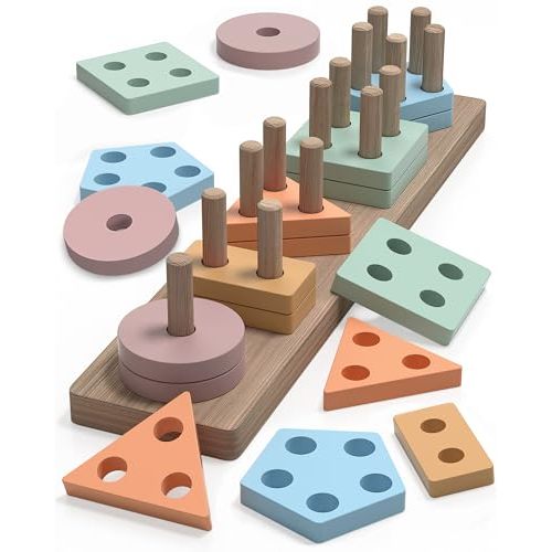 kecristv Montessori Toys for 1 2 Year Old Girl and Boy Birthday Gifts, Shape Sorter Wooden Toys for Toddlers Age 1-3 2-4, Learning Educational Sensory Stacking Toddler Puzzles