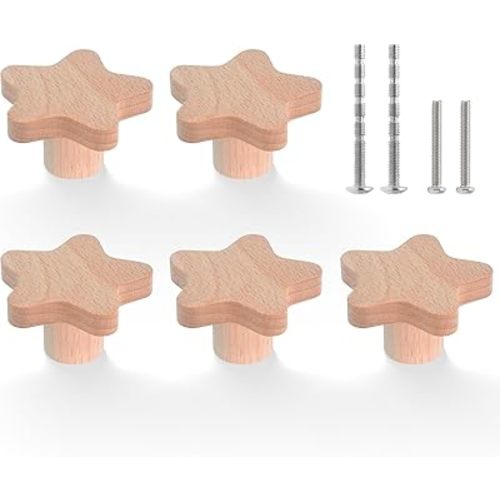 Wood Drawer Knobs Wooden Cabinet Knobs, Star Shape, 6 Pcs
