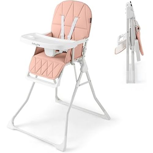 BABY JOY Foldable High Chair, Portable Highchairs for Babies and Toddlers with 3-Position Adjustable Tray & Footrest, Removable Seat Cushion, 5-Point Safety Harness, Space Saving Design (Pink)
