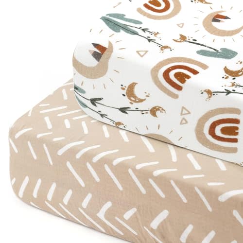 GRSSDER Soft Muslin Crib Sheet 2 Pack, 100% Cotton Crib Sheets for Boys and Girls, Fit Standard Crib Mattresses 52" x 28" Safe and Snug, Rainbow/Stripe