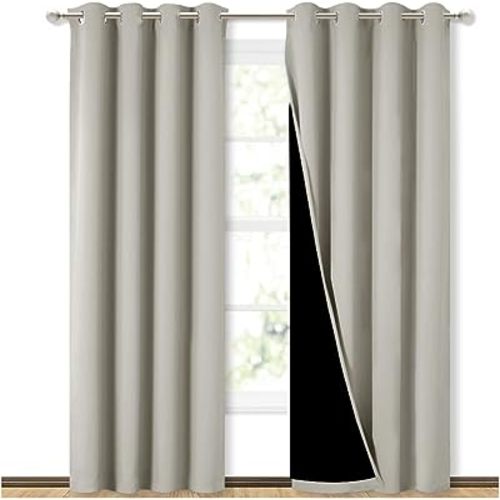NICETOWN 100% Blackout Window 84in Curtain Panels, Cold and Light Blocking Drapes with Black Liner (Natural, 2 Pieces, 52 “ Wide per Panel)
