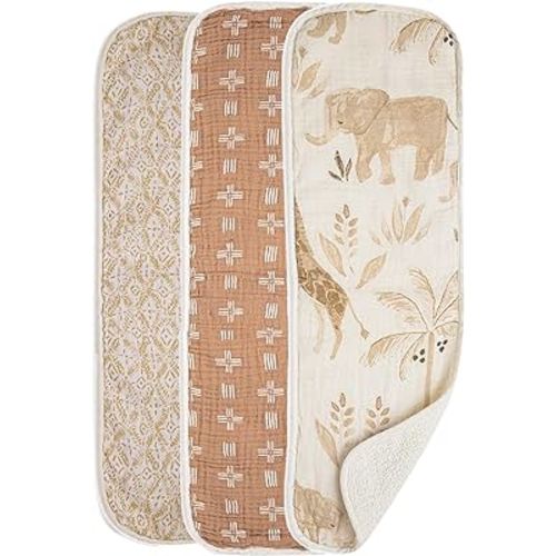 Crane Baby Muslin Baby Burp Cloths, Lightweight Absorbent Burp Cloth, Safari Animal, Set of 3, 7" x 20", Newborn Baby Essentials, Burp Cloths Baby Boy, Burp Cloths Baby Girl, Baby Newborn Essentials