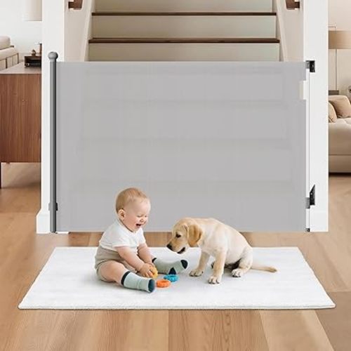 Retractable Baby Gate for Stairs, 55" Wide 38" High Pet Gate with Auto-Retract System, One-Hand Operation, Mesh Baby Gate for Doorways, Hallways, Decks, Indoor & Outdoor, Gray