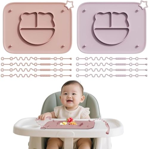 2 Pack Silicone Baby Placemats with Non-Slip Strong Suction Base and Anti-Drop 8 Stretchable Straps, BPA Free Food Grade Silicone Table Mats for Babies Toddlers, High Chair, Dining Tables,Pink+Purple