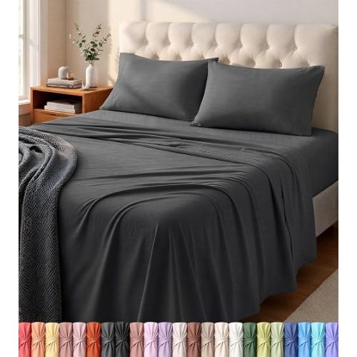 Jersey Knit Sheets 4 Piece, Cotton T-Shirt Feel, Twin, Dark Grey