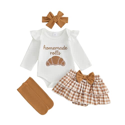 Baby Girl Football Outfit Rugby Print Romper Skort Stockings Headband 4Pcs | Newborn Baby Girl Football Outfit Fall Rugby Print Ruffle Sleeve Romper Plaid Shorts Leg Warmers Headband 4Pcs Clothing Set