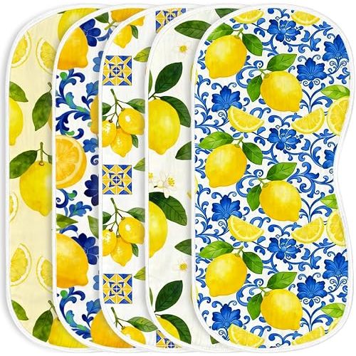 Pack 5 Baby Burp Cloths for Boys Girls Large Lemon Print Contoured Cotton Burp Rags Highly Absorbent Soft Burping Spit Up Cloths for Newborn Mediterranean Theme Unisex Shower Gifts