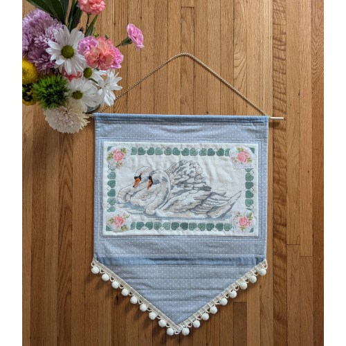 Banner pennant flag decor - blue grey muted pastel flower floral swan bird cross stitch embroidery vintage antique - donate to charity