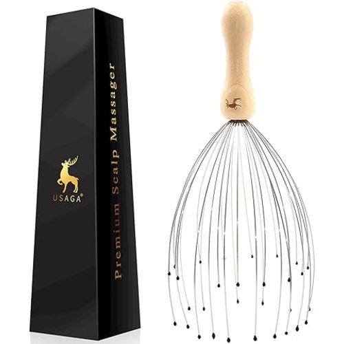 USAGA 32 Fingers Head Massager, Head Scratcher Scalp Massager, Stocking Stuffers Gift for Scalp Body Relaxing Wood Handle (1 Pack)
