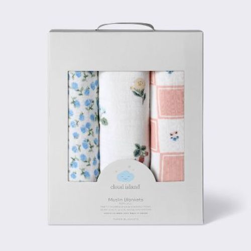 Muslin Swaddle Baby Blanket - Traditional Floral - 3pk - Cloud Island™: 47" Cotton, Logo Pattern, 180 Thread Count