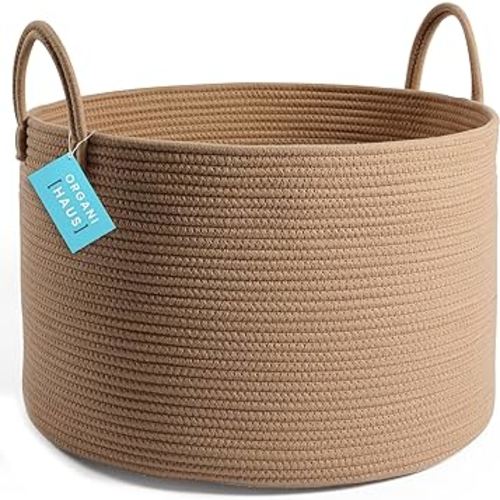 OrganiHaus Large Laundry Basket, Woven Cotton Rope Basket for Blankets, Toy Storage, Nursery Hamper, Living Room Decor Organizer, Soft & Durable Hamper with Handles, 20x13 inches - Honey