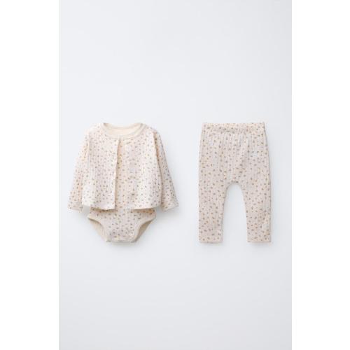 FLORAL PRINT CARDIGAN, BODYSUIT & LEGGING SET - Ecru | ZARA United States
