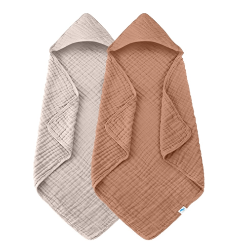 SWEET DOLPHIN Muslin Hooded Baby Bath Towels - 2 Pack 100% Cotton Towel for Babies, Infants, Toddlers - 32x32Inch - Highly Absorbent and Newborn Essential, Light Bean Paste