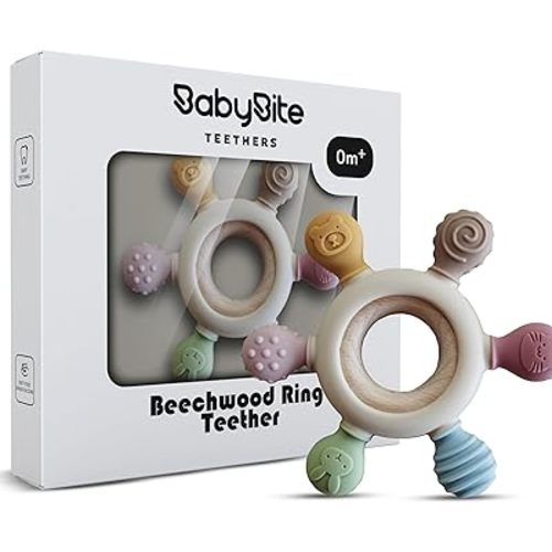 [BabyBite] Teethers Silicone and Beechwood Animal Teether for Sensory and Developmental Play for Baby and Toddler 100% BPA Free Food Grade Silicone, Beige
