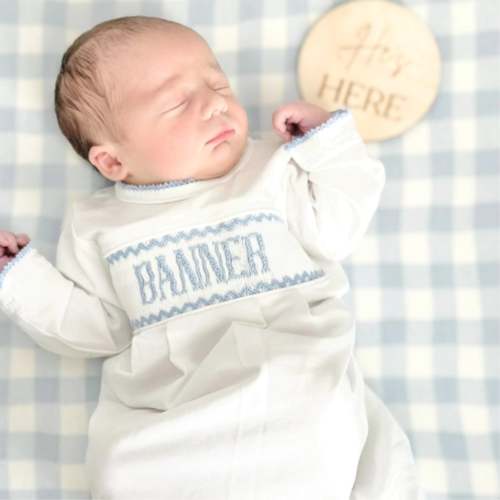 BOYS BLUE & WHITE KNIT NAME SMOCKED INFANT GOWN – Little Bear Smocks