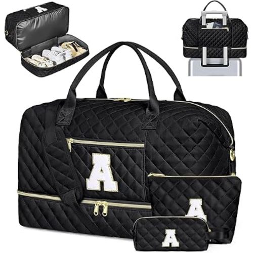 Graduation Birthday Gift for Her, Personalized Initial Weekender Bag for Women 45L Travel Duffle Carry On Quilted, 3PCS Overnight with Cosmetic & Toiletry Bag, Shoe Compartment, Gym Dance Bag for Girl