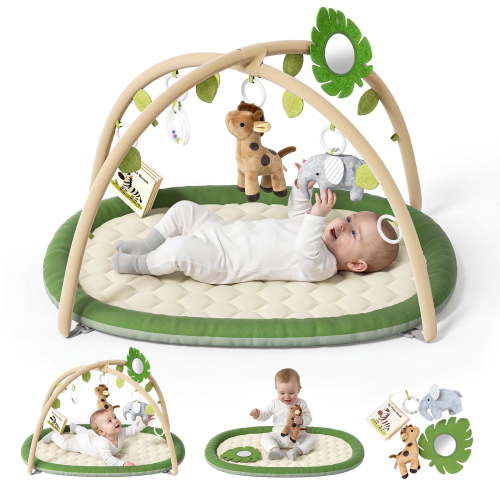 Babyomi Thickened Baby Play Gym and Activity Mat, Washable Tummy Time Mat with Detachable Sensory Toys & Cards Promote Motor Skills, Non Slip Mat for Infant Gift,Green