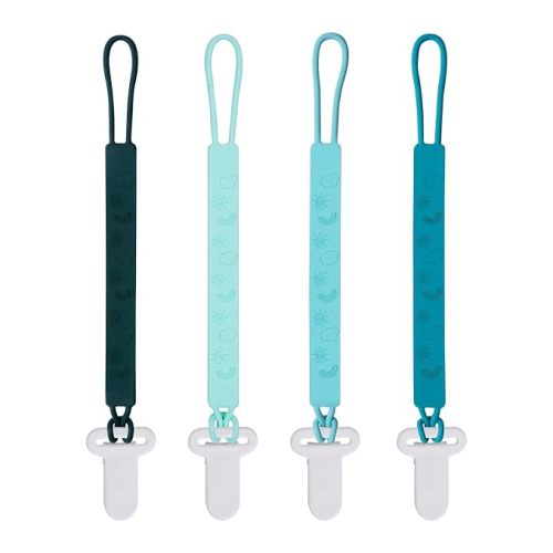 One Piece Design Silicone Pacifier Clip Holder for Baby Boys and Girls,Pack of 4 Flexible Paci Leash,Binky Clips,Newborn Essentials (Sun & Cloud & Rainbow, Green)
