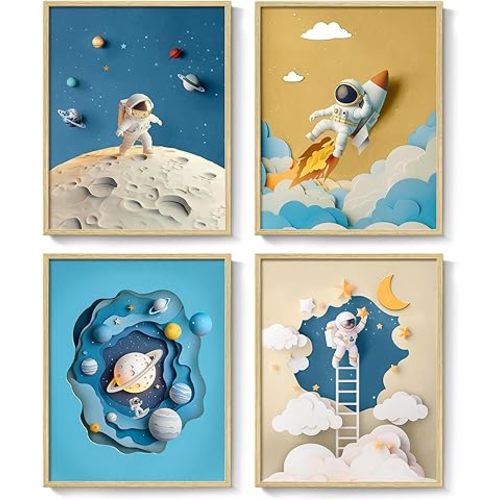 Framed Space Astronaut Wall Art for Nursery Decor, 4 Piece Outer Space Themed Canvas Art Prints Paintings, Planet Rocket Pictures for Bedroom, Kids Room, Baby Room, Boys Room, Bathroom Wall Decor