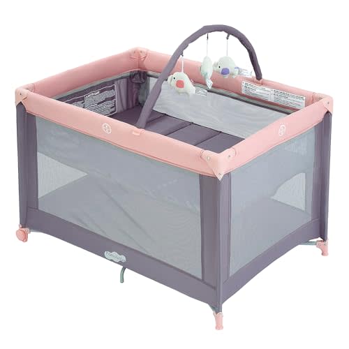 Pamo Babe Portable Playard with Mat Pad and Toy Bar Pink Play Yard for Baby