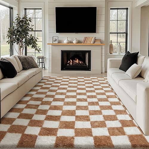Checkered Rug 8x10 for Living Room, Beige and White Modern Shag Rug Washable Non-Slip Large Area Rug Super Soft Indoor Fuzzy Carpet Fluffy Rugs for Bedroom Home Aesthetic Decor