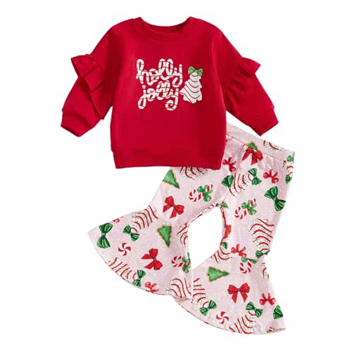 Hnyenmcko Baby Girl Christmas Outfit Long Sleeve Santa Baby Tops Christmas Tree Bell-bottoms Pants Headband Toddler Clothes