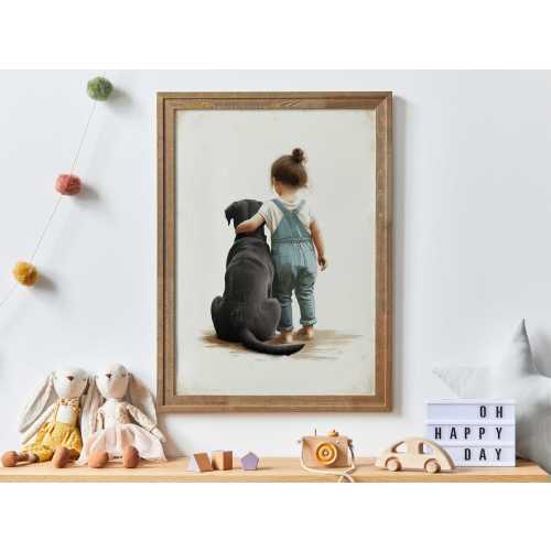 Black Lab Nursery Art, Black Labrador Wall Decor, Labrador Girl Room, Girl and Dog Print, Lab Nursery Decor,Printable Dog Wall Art Girl