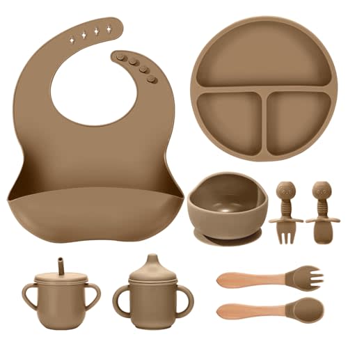 Silicone Baby Feeding Set 9 Pcs, Spill-Proof Suction Plate, Bowl, Bib, Silicone spoon&forks, Wooden Spoons&forks, Training cup with straw and Sippy Cup, Baby Eating Utensils (Brown)