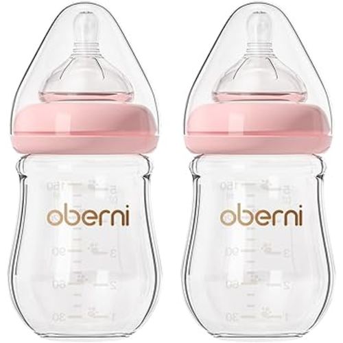 Anti-Colic Glass Baby Bottle, 5oz/150ml with Natural Response Slow Flow Beast-Like Nipple for 0-3 Months Newborn Babies Milk Feeding, Pink/2 Pack