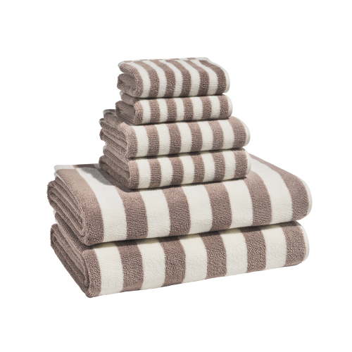 Beautiful by Drew Barrymore 6-Piece Stripe Hem Bath Towel Set, Soft 100% Cotton, Taupe