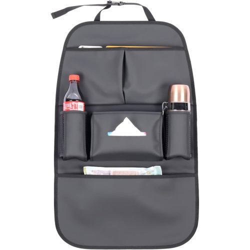 Car Backseat Organizer for Kids, Car Back Seat Storage Bag With 3 Pockets, 2 Drinks Holders, Water Resistant, Kids Toy Storage Kick Mat Back Seat Protector for Toddlers (Beige 1-Pack)