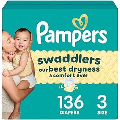 Pampers Swaddlers Diapers, Size 3 (13-26 lbs), 136 Count, Absorbent, Keeps Baby Dry and Comfortable, Skin Safe Disposable Baby Diaper (Packaging May Vary)