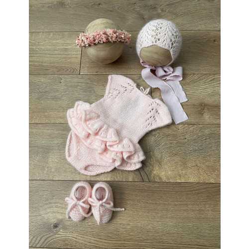 Newborn Photography Prop Set – Pink Knit Romper, Ruffle Dress Outfit, Bonnet, Floral Crown & Knitted Shoes – Baby Girl Photo Outfit