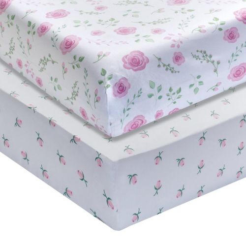 Everyday Kids 2 Pack Fitted Girls Crib Sheets, Soft Breathable Microfiber, Fits Standard Crib Mattress 28"x52", White & Pink Floral Design