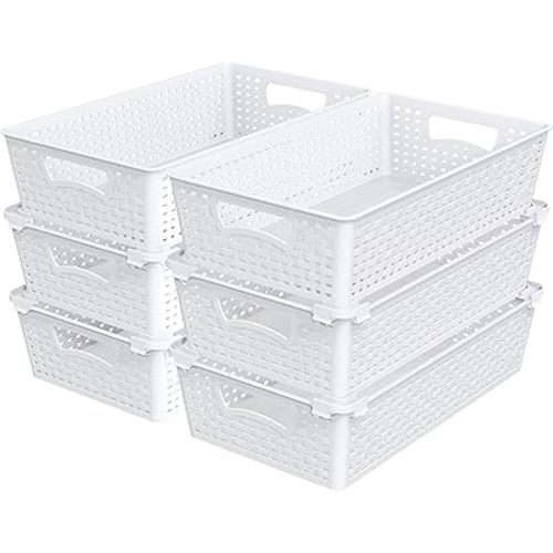 Simple Houseware Plastic Stackable Storage Basket Pantry Organizer, 6 Pack, 14.5" x 8.5" x 3.5", White