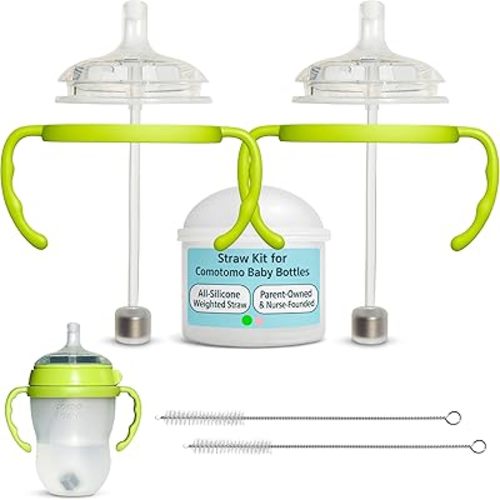 Straw Cup Conversion Kit for Comotomo Baby Bottles 2-Count, Food Grade Silicone Straw Nipples, All Silicone Weighted Straw, Bottle Handles and Cleaning Brush, BPA Free, 6+ Months (Straw Top, Green)