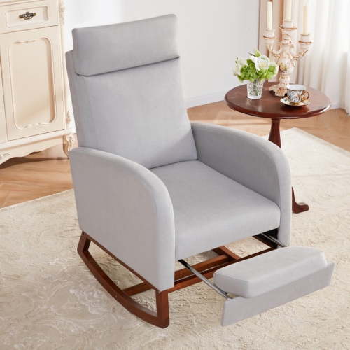 Someet Nursery Rocking Chair with Footrest , Linen Rocker Armchair with High Backrest and Pillow for Bedroom,Gray