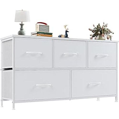 OLIXIS Dresser for Bedroom with 5 Drawers, Wide Chest of Drawers, Fabric Bedroom Dresser with Drawer Organizers, Storage Organizer Unit with Fabric Bins for Closet, Living Room, Hallway, Classic White
