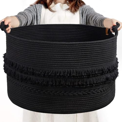 CherryNow Extra Large Black Laundry Basket, Rope Storage Basket for Bathroom, Bedroom, Living room, Entryway, Big Blanket Baskets for Pillows, Toys, Clothes, 22 x 14 inches