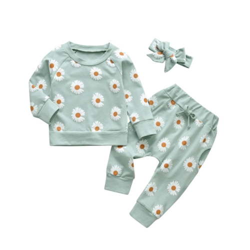 Baby Girl Clothes Daisy Long Sleeve Tops Printed Pants and Headband Outfit Set Green 3-6 Months