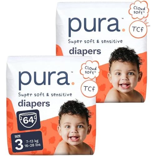 Pura Baby Diapers Size 3 (16-28 lbs) 64 Count Sensitive Skin