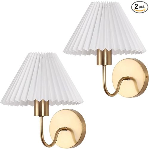 Wireless Wall Sconce Sets of 2, Pleated Shades Rechargeable Battery Operated Wall Sconce, Retro gooseneck Gold Wall Lights Bathroom Vanity Sconces, Wall Mounted Lamps for Bedroom Living Room Kitchen