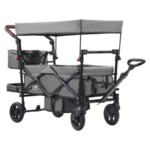 VEVOR Wagon Stroller for 2 Kids,Push Pull Quad Collapsible Stroller with Handle,Encircling Harness Removable Canopy,4 Wheels w/ Brakes,Dark Gray&Black