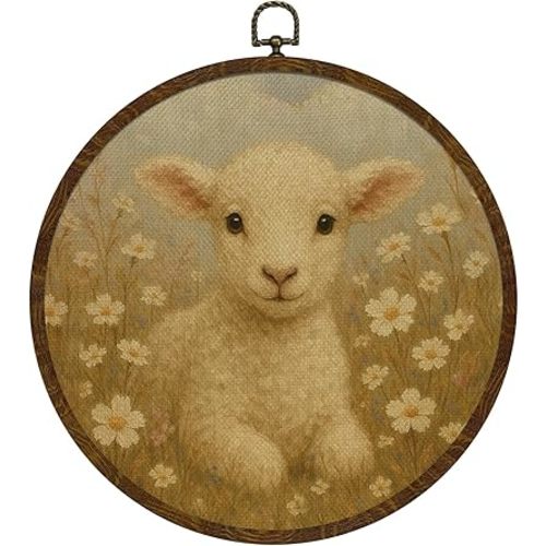 KLYTINK Christ the Lamb Round Wall Art, Farmhouse Canvas Print with Daisies,Vintage Christian Round Frame Decor for Easter, Nursery, or Kids Room,Playroom Gift 10''x10'' (Lamb)