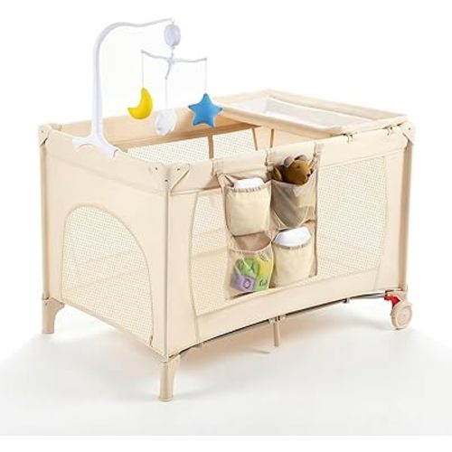 Pack and Play with Changing Table & Carry Bag, 4-in-1 Portable Crib Playpen for Newborn to Toddler, ASTM Certified Foldable Travel Crib with Bassinet(C-Khaki)