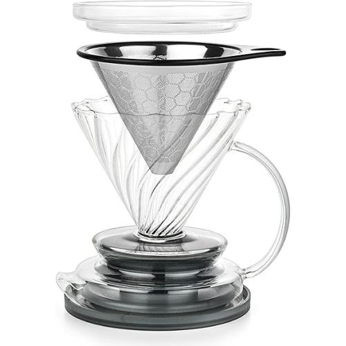 Pour Over Coffee Maker – Borosilicate Glass Dripper with Stainless Steel Reusable Filter, Manual Eco Brewer, Plastic-Free Non-Toxic Coffee Station, Innovation Infuser for Daily Brewing
