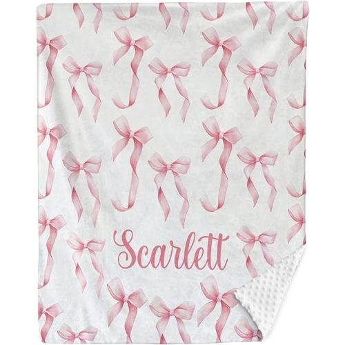 Bow Personalized Baby Blankets Soft Plush Fabric, Double Layer Dotted Backing Custom Baby Girls Blanket with Name Customized Flannel Blanket 40"X50" (Pink Bow 2)