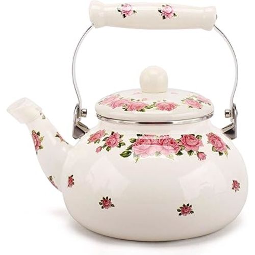 Tea Kettle Pot for Stove Top,Porcelain Large Enamel Teakettle,2.5L Colorful Teapot Floral Ceramic for Stovetop,Retro Classic Design (Pink flower-2.4L)