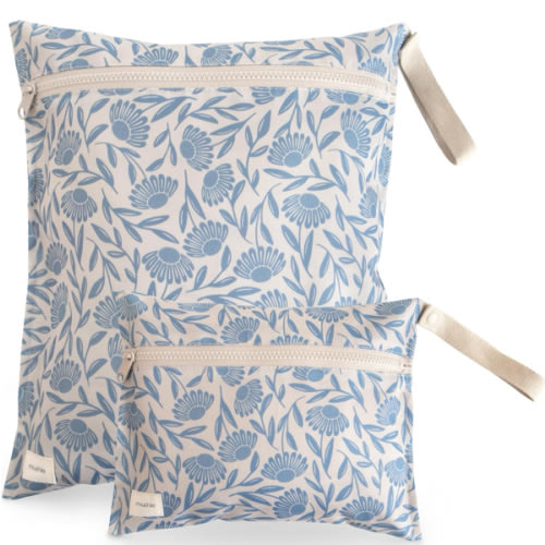 mushie Water Resistant Wet Bags | Large & Small Reusable Storage Bag for Baby Items and Travel | Zippered Pockets with Handle | Machine Washable, Set of 2 (Blue Flowers)