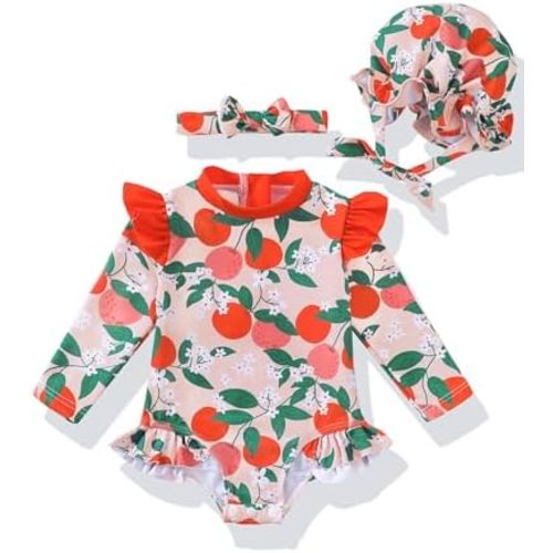 Renotemy Baby Girls Swimsuit Infant Bathing Suit with Hat Zipper Long Sleeve One-Piece Rash Guard Swimwear for Girl 3Month-3T